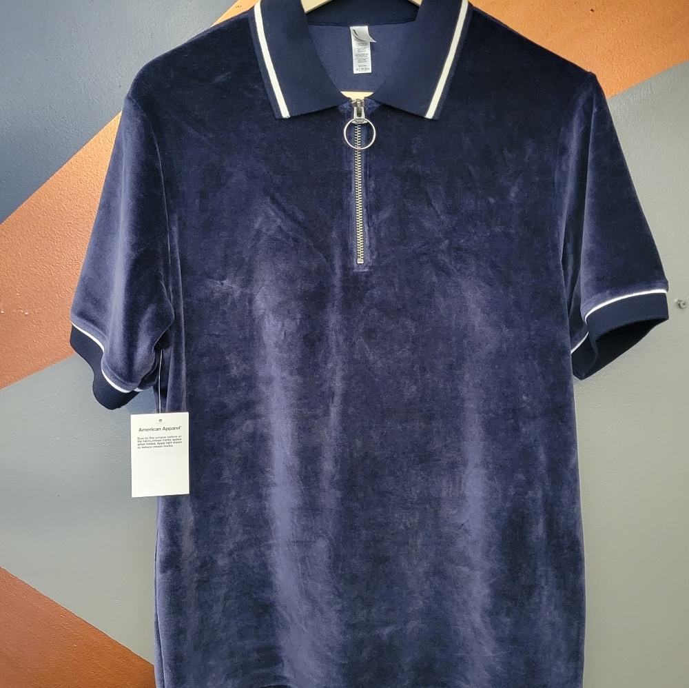 American Apparel XS Blue velour polo shirt